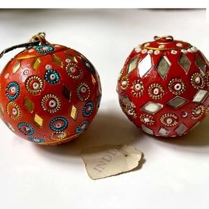 Two vintage 60s india clay Christmas ornaments disco ball tree ornaments